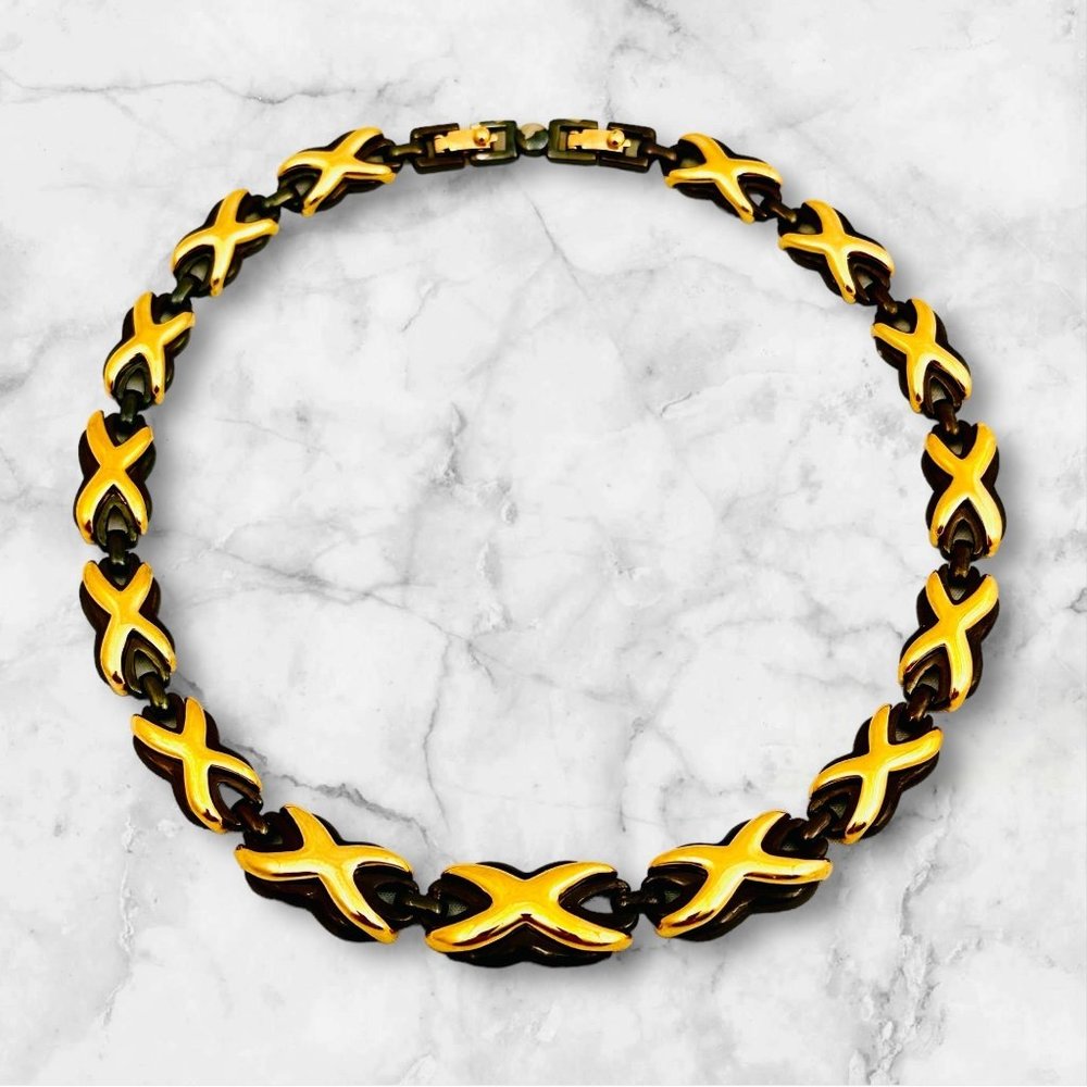 Rare Vintage Monet Black Enamel and Gold Tone Necklace